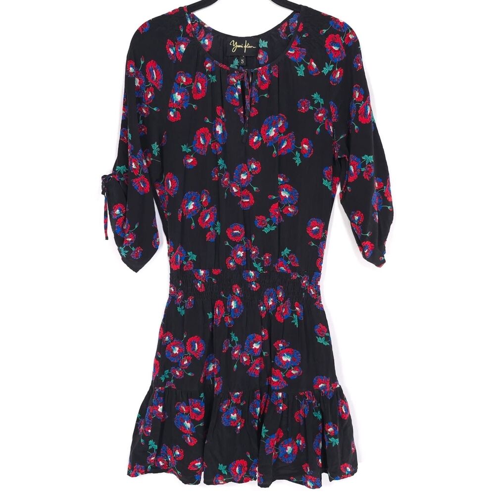 YUMI KIM Anthropologie Mini Dress SMALL 100% SILK Black Floral Smocked Flare Hem